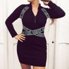 Long-sleeve Lettering Print Half-zip Mini Bodycon Dress