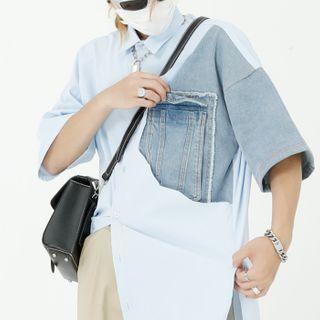 Denim Panel Short-sleeve Shirt