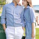 Couple Matching Striped Shirt / Elbow-sleeve Collared Dress / Plain Shorts