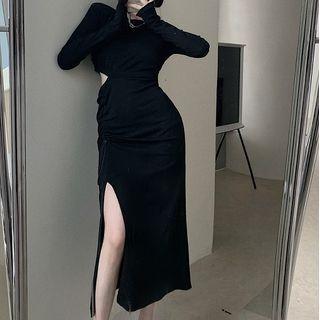 Long-sleeve Cutout Drawstring Midi A-line Dress