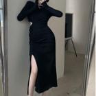 Long-sleeve Cutout Drawstring Midi A-line Dress