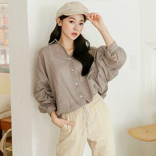 Plus Size Balloon-sleeve Plaid Blouse