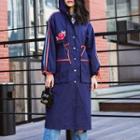 Contrast Trim Button-up Hooded Long Coat