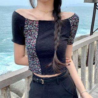 Printed Panel Off Shoulder Cropped Top Black - One Size