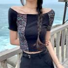 Printed Panel Off Shoulder Cropped Top Black - One Size