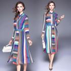 Long-sleeve Stripe Gather-waist Midi Dress