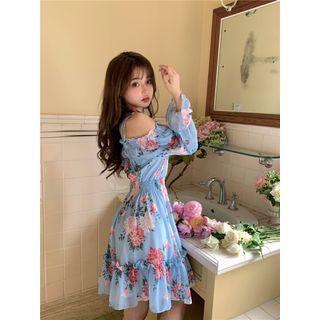 Cold-shoulder Floral Print A-line Dress Blue - One Size