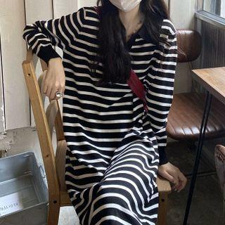 Long-sleeve Collar Striped Knit Dress