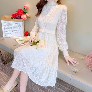 Lantern-sleeve Mock-neck Knit Midi A-line Dress