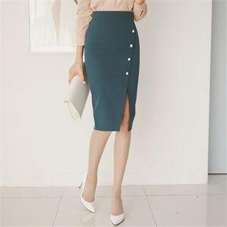 Button-front Slit-hem Pencil Skirt