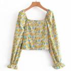 Long-sleeve Square-neck Floral Button Top