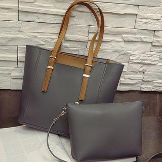 Set: Faux Leather Tote Bag + Pouch