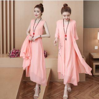 Set: Sleeveless Midi A-line Dress + 3/4-sleeve Light Jacket