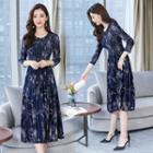 3/4-sleeve Floral Print Pleated Midi Dress Dark Blue - One Size