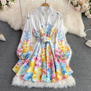 Floral Print A-line Shirt Dress With Belt