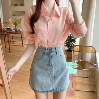 Pocket-front Sheer Shirt Peach - One Size