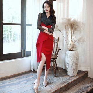 3/4-sleeve Two Tone V-neck High-low Dress