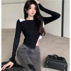Long-sleeve Irregular Two-tone Slim-fit Top Black - One Size