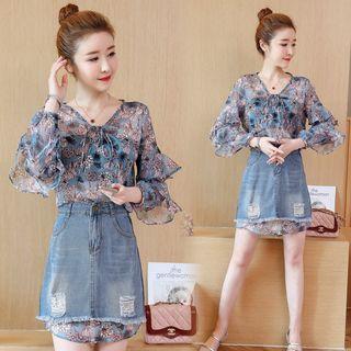Set: Printed Long-sleeve Dress + Distressed Denim Skirt