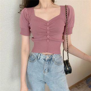 Plain V-neck Short-sleeve Slim-fit Crop Knit Top