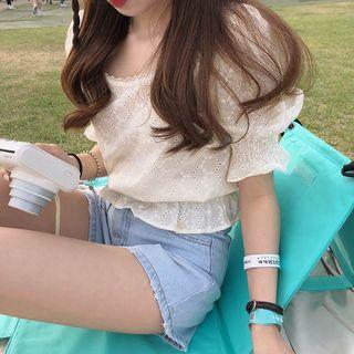Eyelet Lace Puff-sleeve Peplum Top As Shown In Figure - One Size