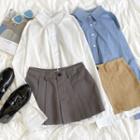 Long-sleeve Plain Cropped Shirt / High-waist Pleated Mini Skirt