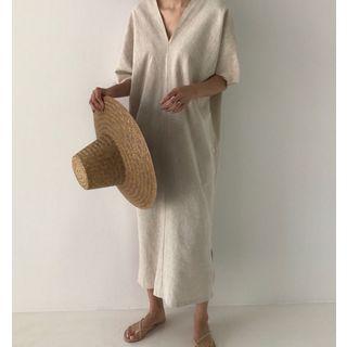 Plain Short Sleeve V-neck Midi Dress