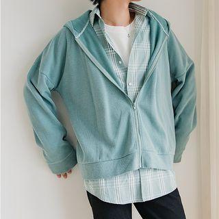 Mock Two-piece Gingham Panel Hooded Zip Jacket