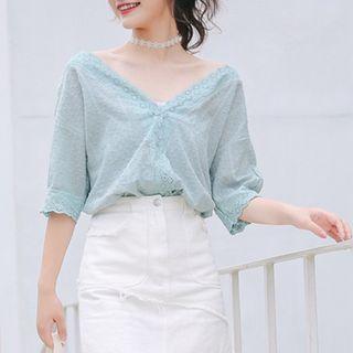 Eyelet Lace Trim Elbow-sleeve V-neck Blouse
