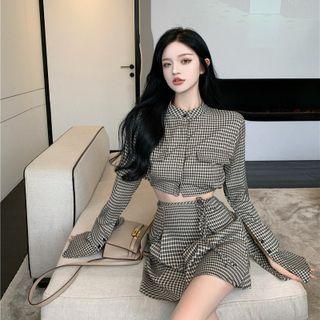 Plaid Button-up Cropped Shirt / High-waist Plaid Drawstring A-line Skirt