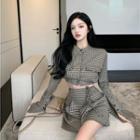 Plaid Button-up Cropped Shirt / High-waist Plaid Drawstring A-line Skirt