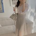 Elbow-sleeve V-neck Shirred Blouse / Floral Midi A-line Skirt / Set