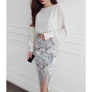 Slit-side Floral Print Skirt One Size