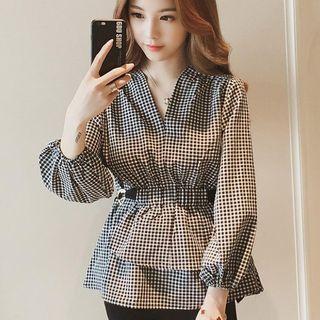 3/4-sleeve Gingham Peplum Top