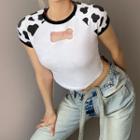 Short-sleeve Cutout Cow Print Cropped T-shirt