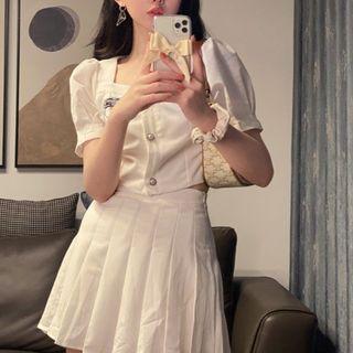 Puff-sleeve Square-neck Cropped Blouse / Mini Pleated Skirt