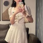 Puff-sleeve Square-neck Cropped Blouse / Mini Pleated Skirt