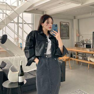Snap-button Faux-leather Cropped Jacket