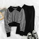 Set: Collared Plaid Cropped Sweater + Plain Midi Skirt Sweater - Plaid - Black & White - One Size / Skirt - Black - One Size