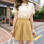 Set: Printed T-shirt + Band-waist Plaid Skirt Yellow - One Size