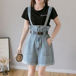 Letter Embroidered Short-sleeve T-shirt / Denim Suspender Shorts / Set