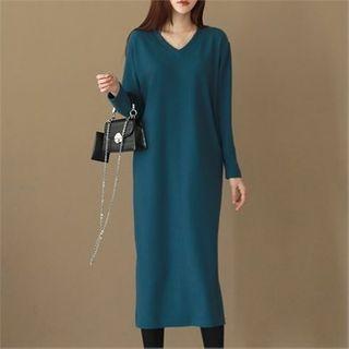 V-neck Napped Long T-shirt Dress Black - One Size