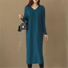 V-neck Napped Long T-shirt Dress Black - One Size