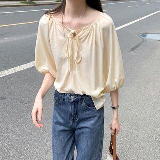 Round-neck Plain Drawstring Oversize Blouse