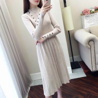 Mock-neck Button Detail Long-sleeve Knit Dress