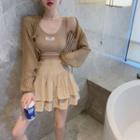 Loose-knit Cardigan / Tank Top / Tiered Mini A-line Skirt
