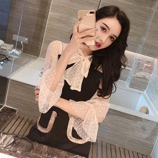 Mock Two Piece Long-sleeve A-line Dress Almond & Black - One Size