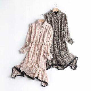 Long-sleeve Floral Midi A-line Shirt Dress