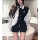 Long-sleeve Contrast Collar Mini Sheath Dress / Fluffy Jacket