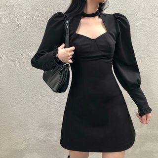 Lantern-sleeve Choker Mini A-line Dress